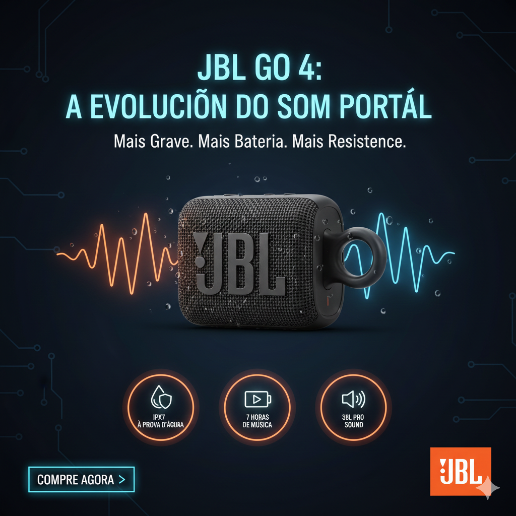 Caixa de Som Portátil JBL Go 4 Black - Bluetooth, À Prova D'água IPX7 e 7h de Bateria