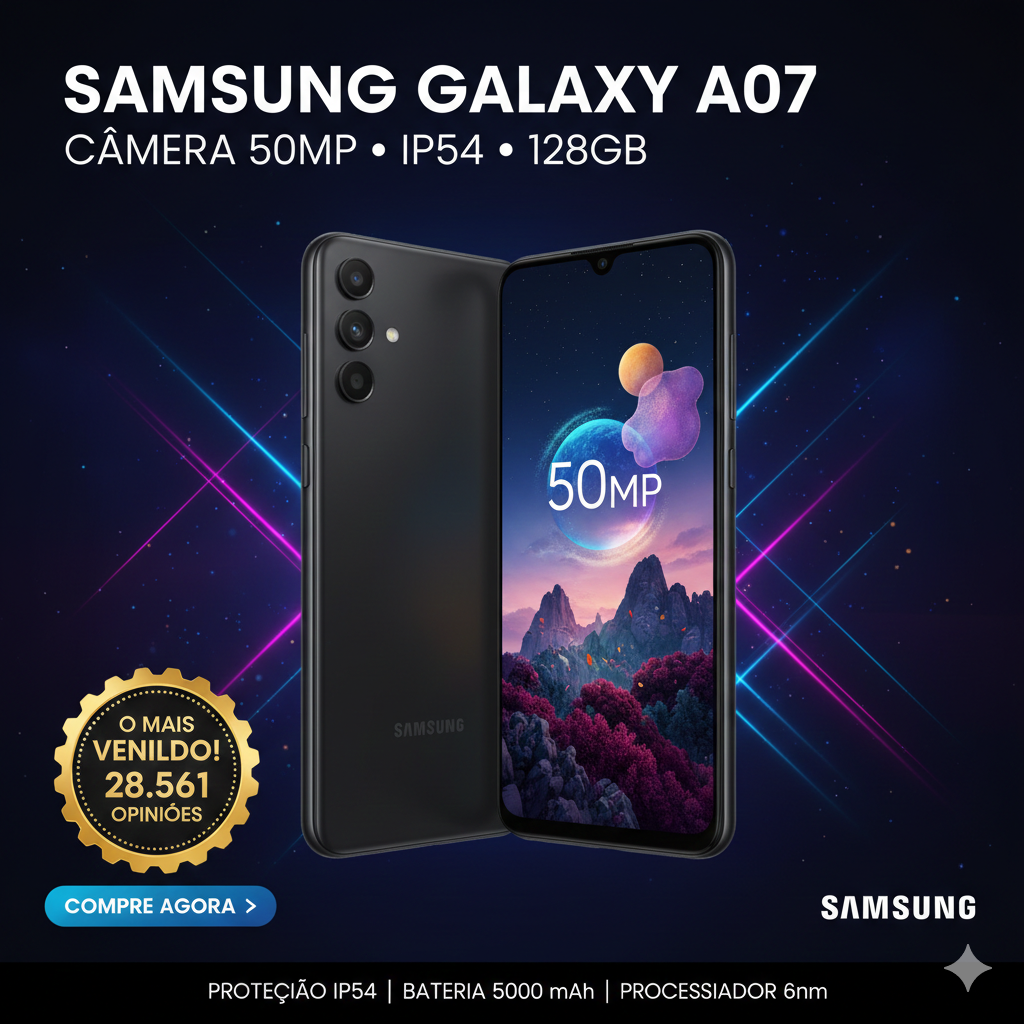 Smartphone Samsung Galaxy A07 128GB - 4GB RAM, Câmera 50MP, Tela 6.7" e Proteção IP54