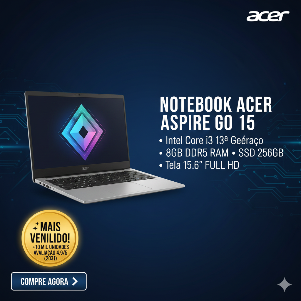 Notebook Acer Aspire Go 15 AG15-51P-39MU – Intel Core i3 13ª Geração, 8GB DDR5, SSD 256GB, Tela 15.6" Full HD