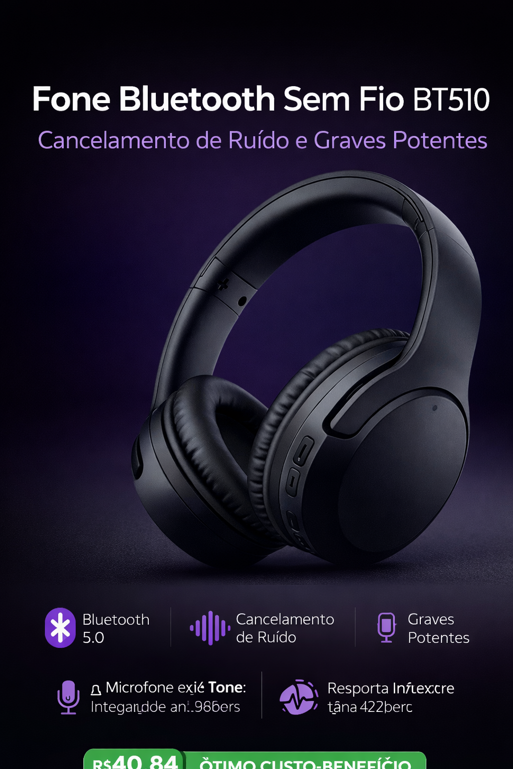 Fone de Ouvido Bluetooth Sem Fio BT510 com Cancelamento de Ruído e Graves Potentes
