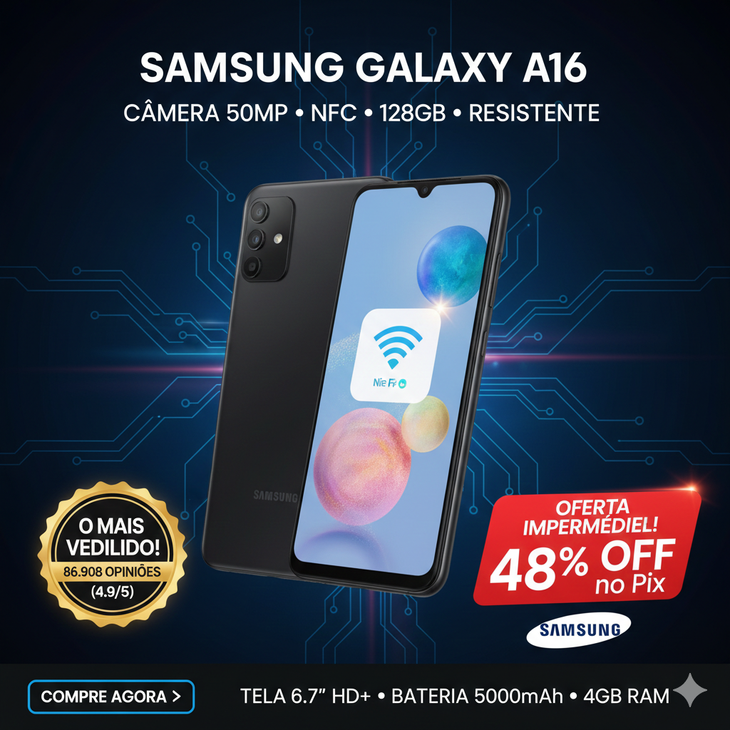 Smartphone Samsung Galaxy A16 128GB - 4GB RAM, Tela 6.7", Câmera 50MP, NFC e Resistência IP
