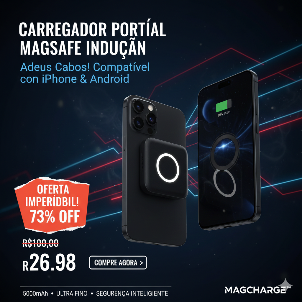 Carregador Portátil por Indução MagSafe – Bateria Externa Sem Fio para iPhone e Android