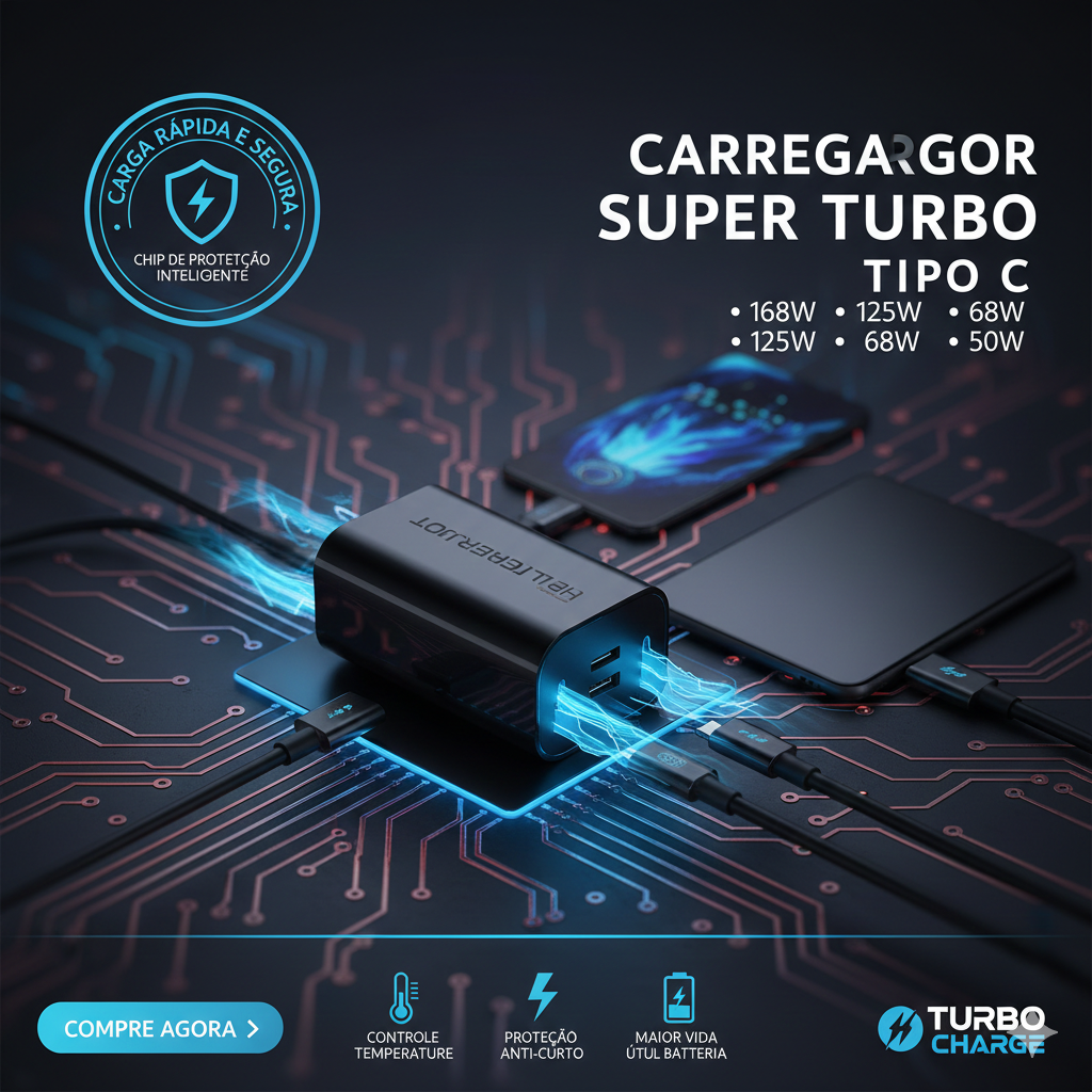 Carregador Super Turbo 168W/125W/68W USB-C – Carga Rápida Inteligente Tipo C