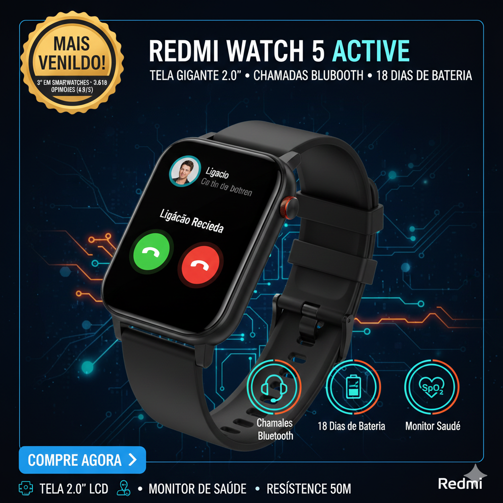 Smartwatch Xiaomi Redmi Watch 5 Active – Tela 2.0", Chamadas Bluetooth e Bateria de 18 Dias