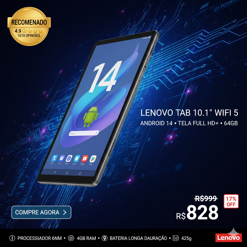 Tablet Lenovo Tab 10.1" Wi-Fi – 64GB, 4GB RAM, Android 14, Tela Full HD+ Cinza