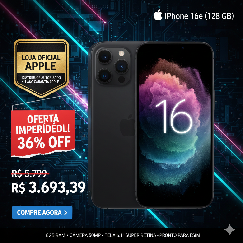 iPhone 16e Apple (128 GB) - Preto, Tela 6.1", 8GB RAM - Distribuidor Autorizado