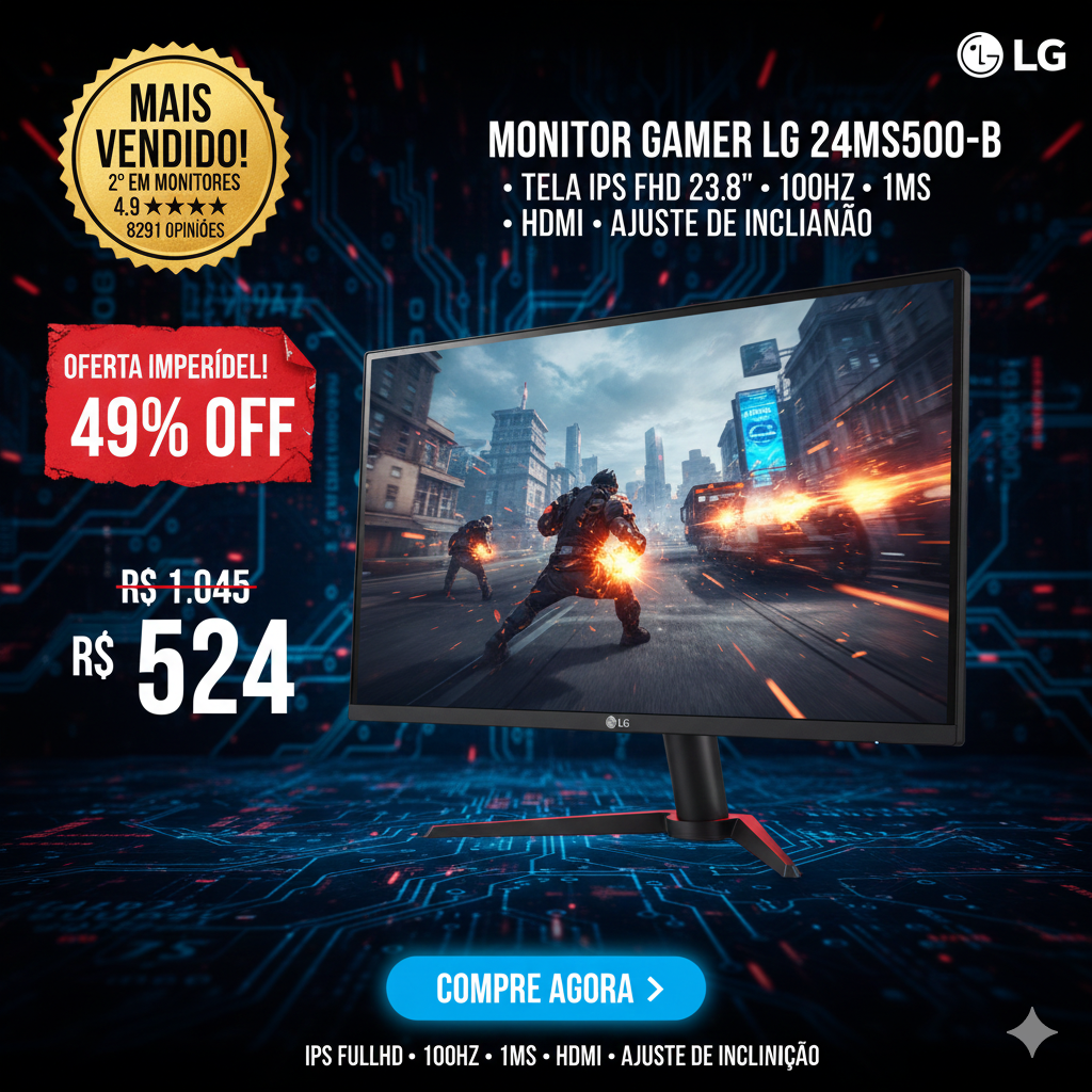 Monitor Gamer LG 24MS500-B 23.8" IPS Full HD – 100Hz, HDMI, Ajuste de Inclinação