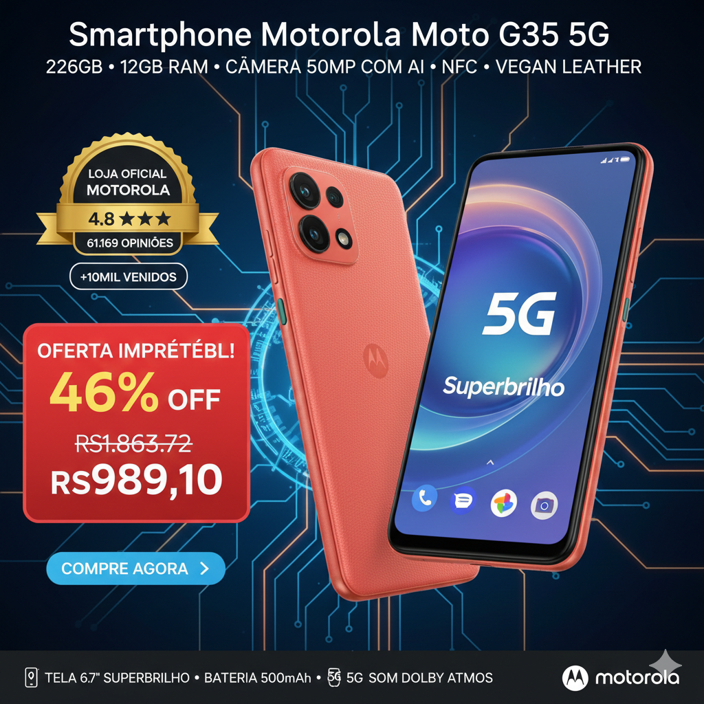 Smartphone Motorola Moto G35 5G – 256GB, 12GB RAM (4GB + 8GB Boost), Câmera 50MP AI, Coral Vegan Leather
