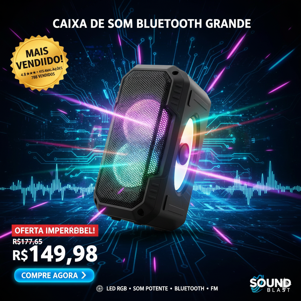 Caixa de Som Bluetooth Potente com LED RGB, Rádio FM e Entrada para Cartão/USB