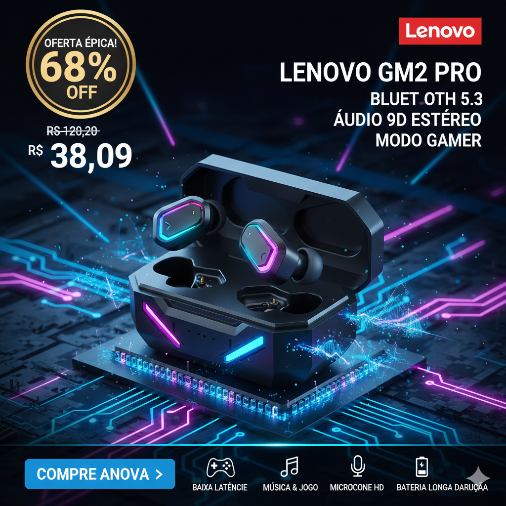 Fone de Ouvido Bluetooth Lenovo GM2 Pro – Modo Duplo (Jogo/Música), Bluetooth 5.3 e Som 9D Estéreo