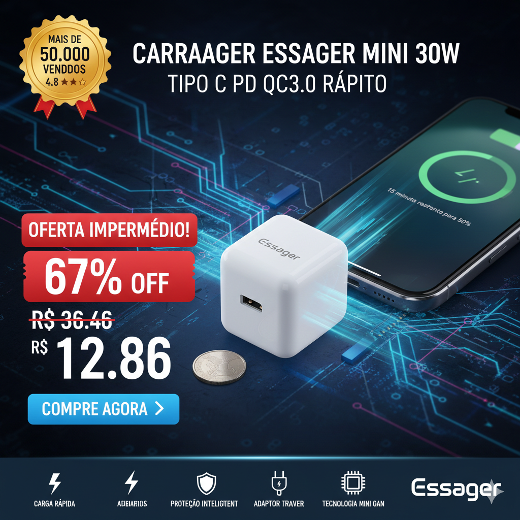 Carregador Essager Mini 30W USB-C PD 3.0 & QC 3.0 – Carga Rápida para iPhone 16, Samsung S25 e Xiaomi