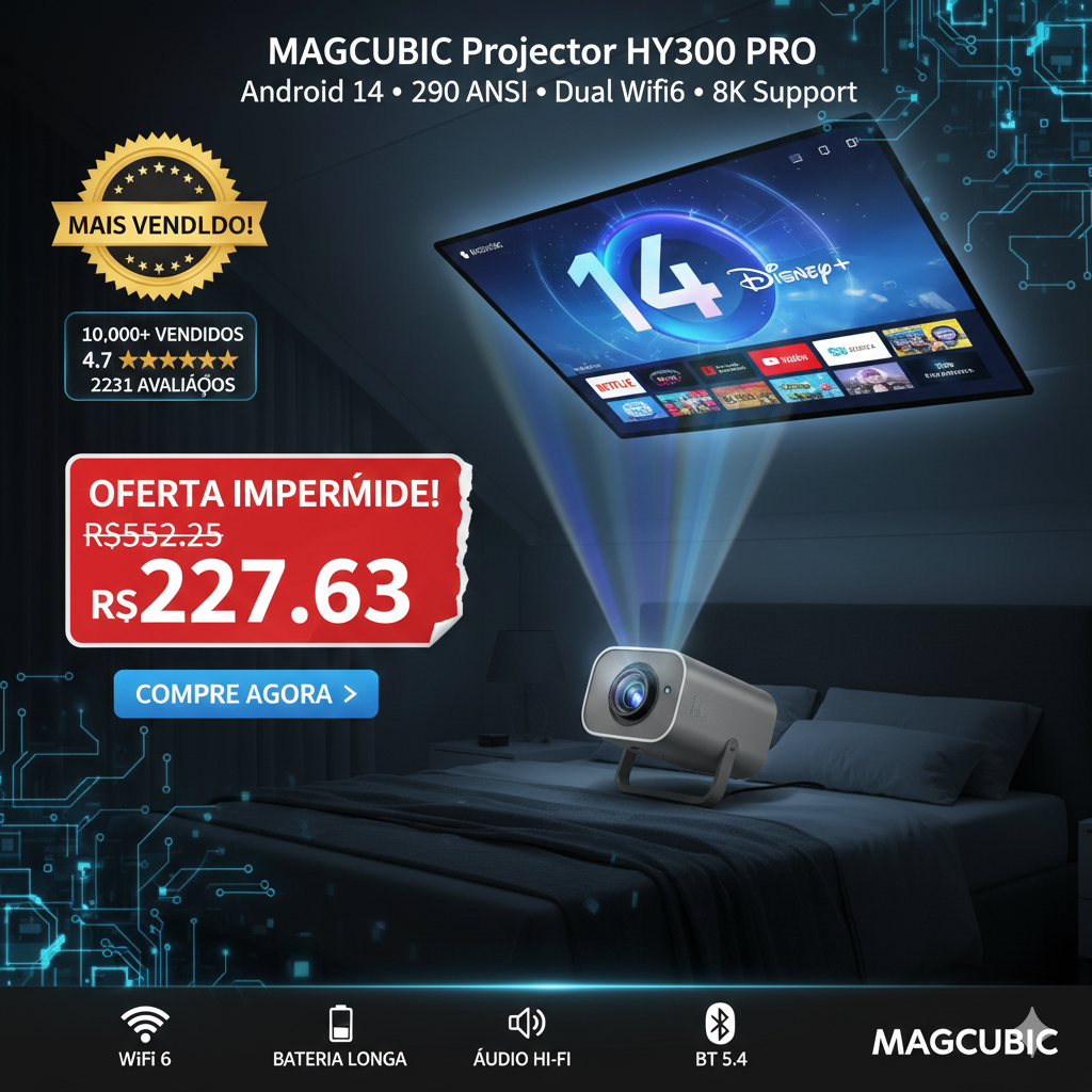 Projetor MAGCUBIC HY300 PRO – Android 14, 290 ANSI, Wi-Fi 6, 8K Support e Bluetooth 5.4